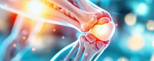 Poster - Arthritis disease idea. Detailed anatomical view of a knee joint showcasing ligaments and cartilage.