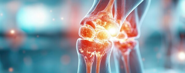 Poster - Arthritis disease idea. Illustration of a human knee joint highlighting pain and inflammation.