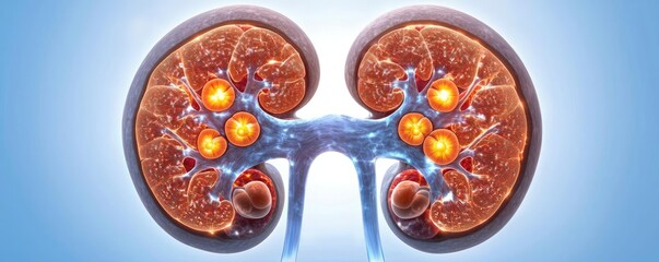 Poster - Kidney disease idea. Detailed illustration of human kidneys showcasing anatomy and functionality.