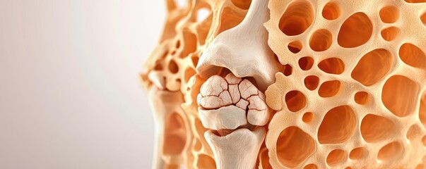 Poster - Arthritis disease idea. Close-up view of a human bone structure highlighting porous texture and joint details.