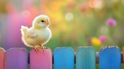 Sticker - A fluffy yellow chick sits atop a colorful fence