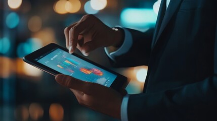 Poster - Professional businessman using tablet for networking with investors and customers, showcasing sale data exchange, business development, technology integration, and digital marketing concepts in a mode