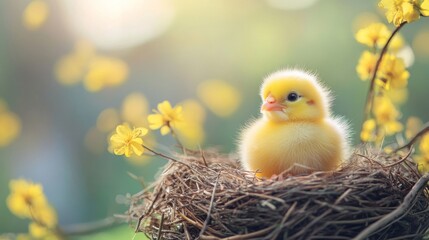 Poster - A Fluffy Yellow Chickling Rests In Its Nest Among Spring Blossoms