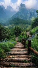Poster - Between the green mountains and clear waters, there is an old wooden staircase leading to the misty peaks. surrounded by blooming wild flowers, grass forests, and bamboo forests.