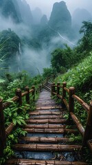 Poster - Between the green mountains and clear waters, there is an old wooden staircase leading to the misty peaks. surrounded by blooming wild flowers, grass forests, and bamboo forests.
