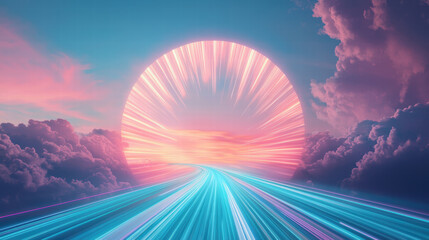 Poster - vibrant sunset with radiant colors, featuring glowing sun and dynamic light trails. scene evokes sen