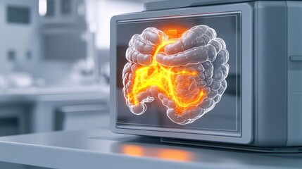 Poster - Gastroesophageal reflux disease concept. An abstract representation of a brain with glowing pathways in a digital format.
