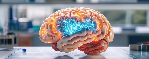 Poster - Epilepsy disease concept. A vibrant human brain showcasing neural activity and connections in a laboratory setting.