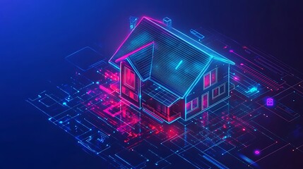 Poster - Futuristic smart home concept shown as a digital rendering integrated with a complex network system.