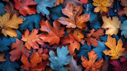 Poster - Oak leaves in vibrant autumn colors scattered on a forest floor with a soft focus background.
