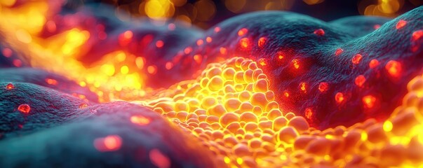 Poster - Gastroesophageal reflux disease concept. Close-up view of glowing lava texture with cells radiating vibrant colors and energy.