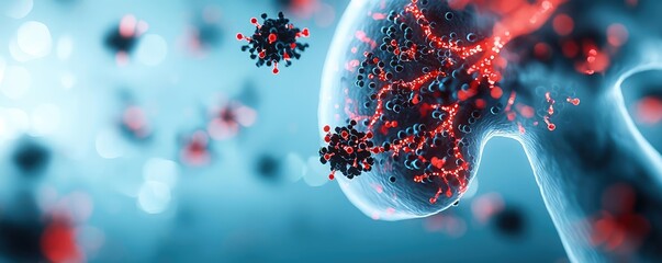Poster - Chronic Obstructive Pulmonary disease idea. Microscopic view of a virus interacting with a cell in vivid detail.