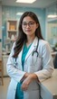 © Nata - Female doctor in white coat with stethoscope smiling confidently in modern clinic setting