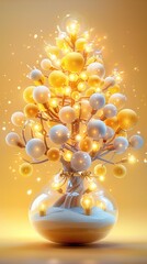 Poster - The cute yellow tree packaging 3D rendering has a transparent shell filled with small light bulbs and wrapped in gold ribbon. Each light bulb has a different color. The background is light yellow.