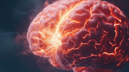 Poster - Epilepsy disease concept. A close-up view of a glowing brain showcasing neural activity and electric signals.