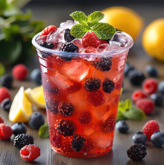 Poster - Berry fizz with lemon in plastic cup.