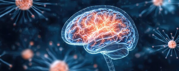 Poster - Epilepsy disease concept. Digital illustration of a brain with neural connections and virus-like particles.