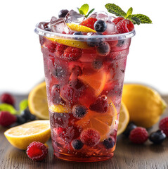 Poster - Berry fizz with lemon in plastic cup.