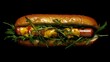 © Chaikit - editorial food photography, luxury hot dog presentation, peppery rocket leaves, precise condiment placement, golden bun texture, modernist composition, deep black backdrop, studio spotlight