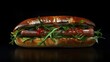 © Chaikit - editorial food photography, luxury hot dog presentation, peppery rocket leaves, precise condiment placement, golden bun texture, modernist composition, deep black backdrop, studio spotlight