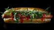 © Chaikit - editorial food photography, luxury hot dog presentation, peppery rocket leaves, precise condiment placement, golden bun texture, modernist composition, deep black backdrop, studio spotlight