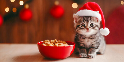 Wall Mural - Adorable kitten in santa hat with festive red bowl of cat treats