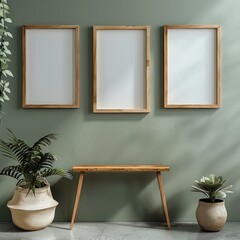 Fototapete - Three vertical wooden picture frames hang on a light olive green wall with a blank interior. Positioned at one-third of the height from the top, with a smaller wooden frame leaning against the wall.