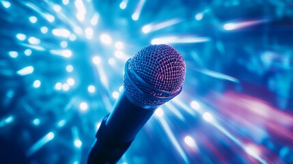 Poster - High-tech look: microphone with pulsating sound waves and light flares on a futuristic blue backdrop.