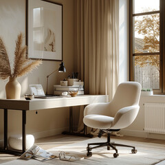 Poster - A cozy and intimate corner office space in a living room in a modern elegant style, situated near a window with a cream-colored drape, where a office chair with black metal legs is placed.