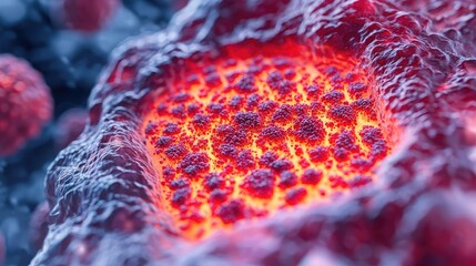 Poster - Gastroesophageal reflux disease concept. Close-up of vibrant, glowing cells showing intricate biological structure.