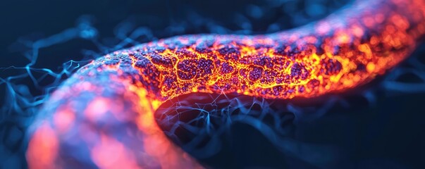 Poster - Gastroesophageal reflux disease concept. An abstract representation of glowing energy flowing through a colorful structure.
