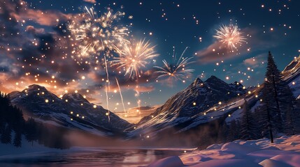 Poster - A spectacular firework show over a snowy mountain range, with sparkling trails illuminating the frosty peaks.