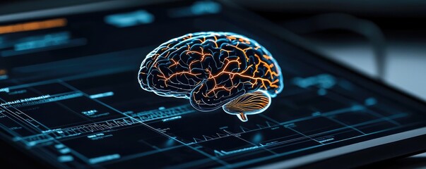 Poster - Epilepsy disease concept. Futuristic digital brain illustration overlaid on a tablet screen showcasing neural data.