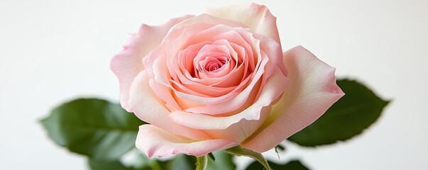 Poster - Pastel rose concept. Beautiful pink rose with delicate petals and vibrant green leaves against a white background.