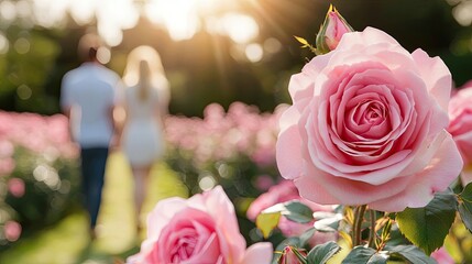 Poster - Pastel rose concept. Couple walking through a blooming rose garden at sunset, enjoying nature's beauty.