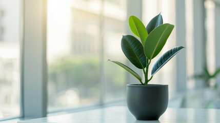 Wall Mural - Rubber plant with glossy dark green leaves, sitting in a modern office space, illuminated by indirect sunlight from large windows, adds an elegant and natural touch to a contemporary workspace.