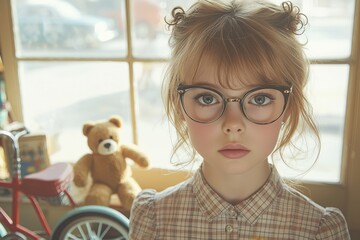 Retro-inspired portrait of a young girl with glasses in vintage setting