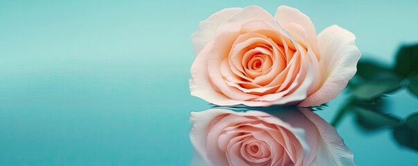Poster - Pastel rose concept. A beautiful pink rose reflected on a serene turquoise surface, symbolizing elegance.