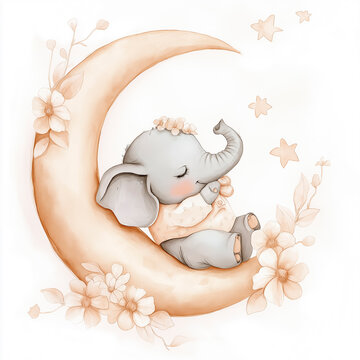 Cute baby elephant sleeping on the moon with flowers. Vector illustration.