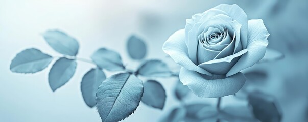 Poster - Pastel rose concept. A beautiful blue rose with soft petals and delicate leaves, capturing a serene moment.