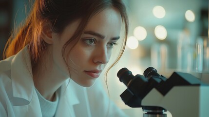 Poster - in a laboratory brimming with vibrant glassware, a concentrated young researcher peers intently into