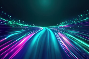 Poster - Abstract digital art of glowing neon light trails in vivid pink and blue hues with sparkling particles.
