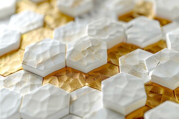 Poster - White and gold hexagonal ceramic tiles form a textured geometric pattern, creating a luxurious and modern design