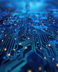 Poster - A close-up view of a circuit board with glowing connections, showcasing intricate patterns and a vibrant blue background.