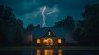 © liliyabatyrova - A charming suburban house stands resilient under a stormy sky, its warm lights inviting from within as lightning flashes dramatically overhead, creating a serene yet powerful atmosphere