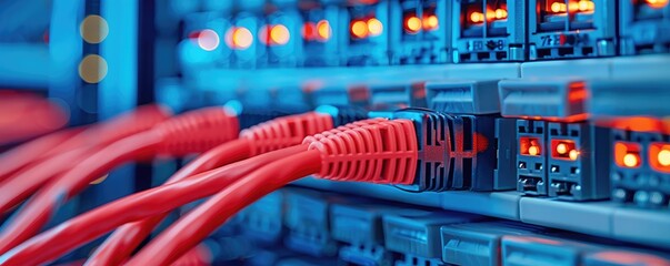 Poster - A close-up of network cables connected to a server, illuminated by blue and orange lights, showcasing technology and data transmission.