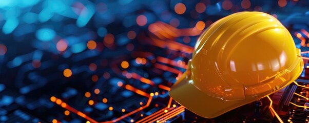 Poster - A vibrant yellow hard hat rests on a tech-inspired background, symbolizing safety in construction and the integration of technology.