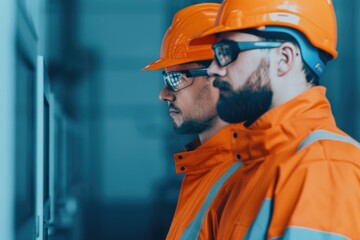 Poster - Two workers in bright orange safety gear and helmets focus intently on a screen, showcasing a professional industrial environment.