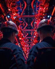 Poster - Two workers in safety helmets stand before a maze of illuminated red cables in a high-tech environment.