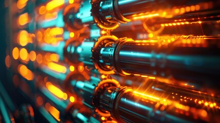 Poster - A close-up view of illuminated metallic tubes, showcasing glowing orange lights against a dark background, highlighting a futuristic technology aesthetic.